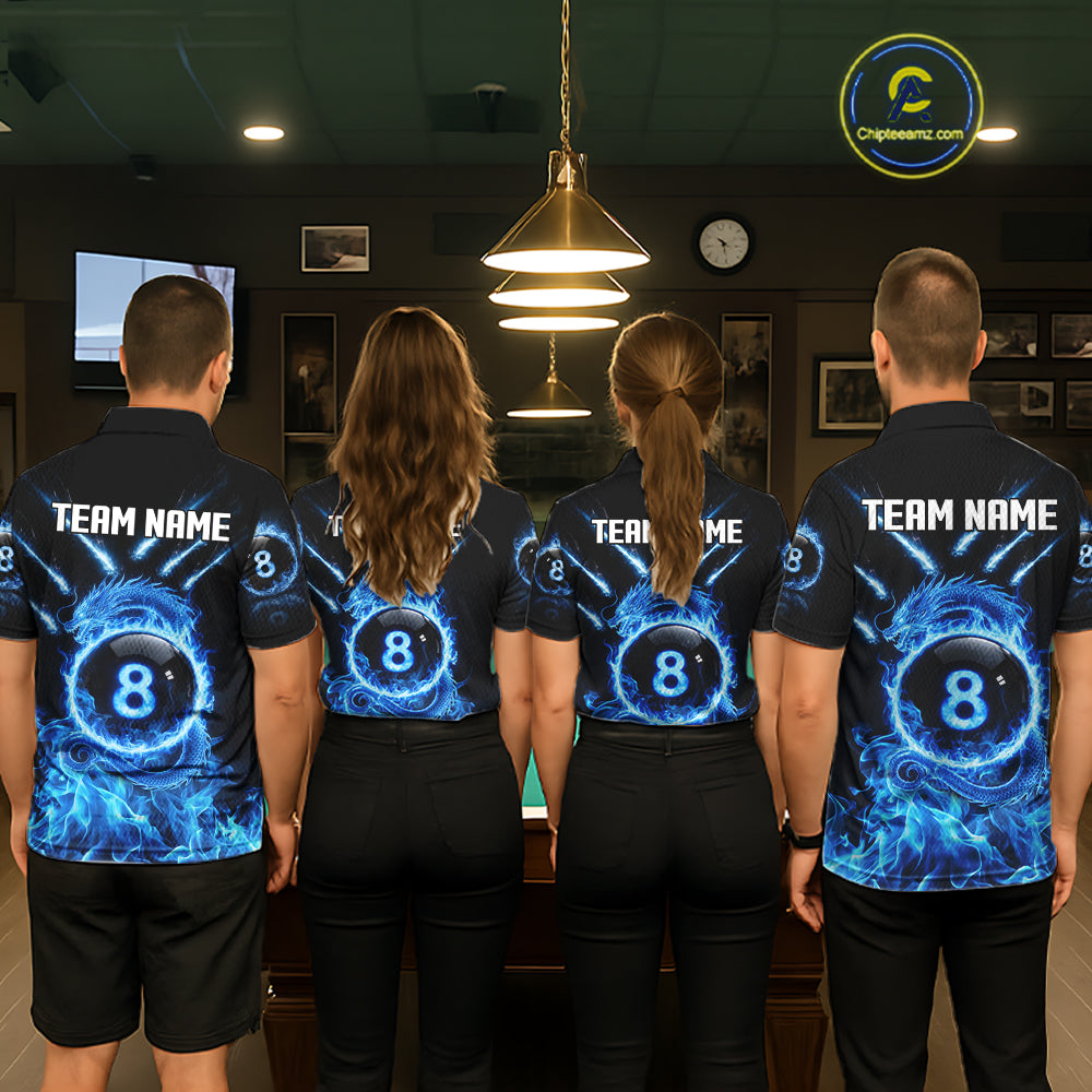 Blue Flaming Dragon Pool 8 Ball Men Billiard Team Shirt Custom Billiard Polo & 1/4-Zip Attire NYN2497