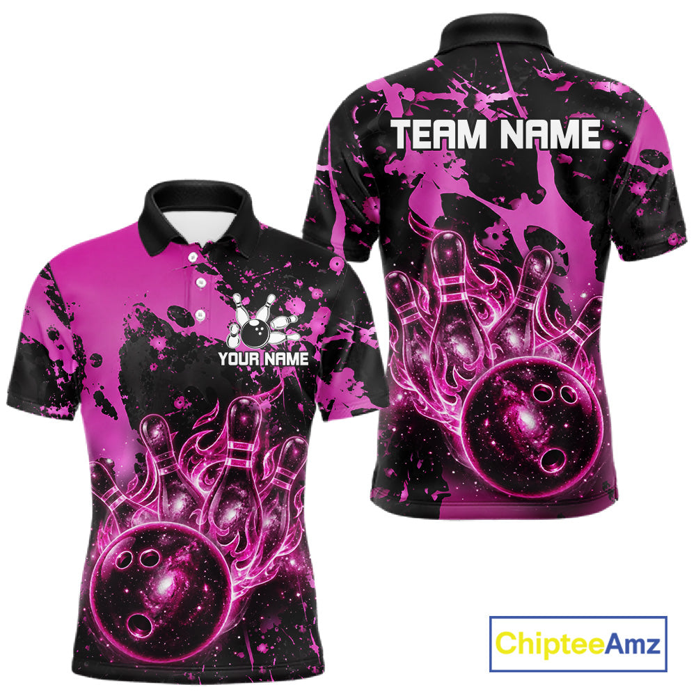 Black and Pink Splatter Galaxy men's bowling polo shirt custom bowling team jersey, men's bowling uniform, personalized bowling apparel