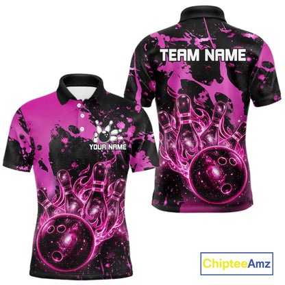 Black and Pink Splatter Galaxy men's bowling polo shirt custom bowling team jersey, men's bowling uniform, personalized bowling apparel