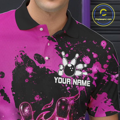 Male bowler wearing Black and Pink Galaxy bowling jersey during bowling tournament and league competition