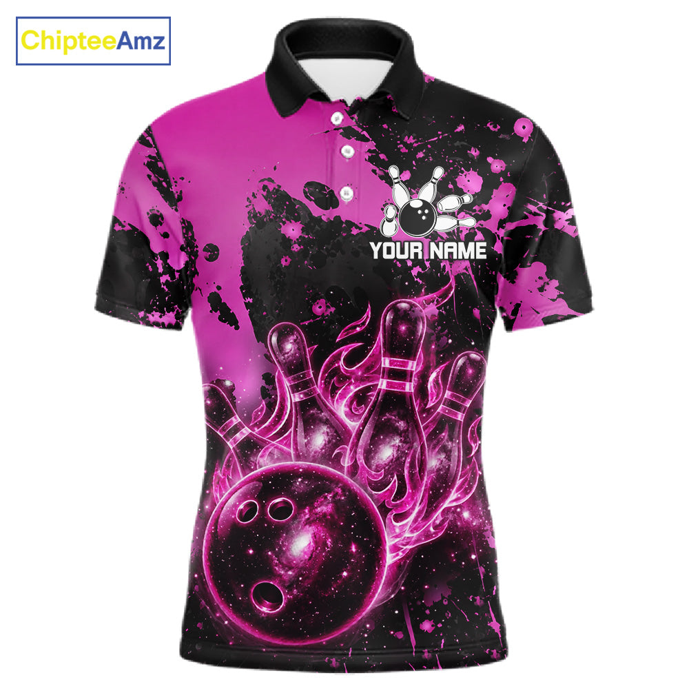 Black and Pink Splatter Galaxy men's bowling polo shirt custom bowling team jersey, men's bowling uniform, personalized bowling apparel