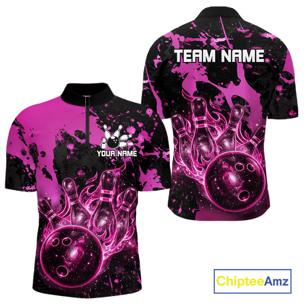 Black and Pink Galaxy men's quarter zip bowling shirt custom team bowling jersey, league bowling apparel