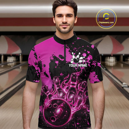 Male bowler wearing Black and Pink Galaxy bowling jersey during bowling tournament and league competition