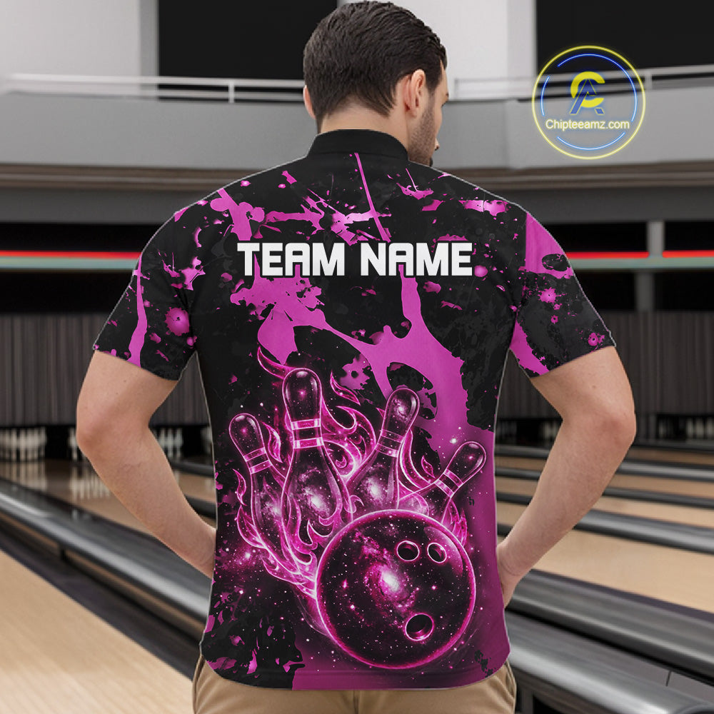 Male bowler wearing Black and Pink Galaxy bowling jersey during bowling tournament and league competition