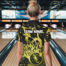 Load image into Gallery viewer, Female bowler wearing Black and Yellow Galaxy bowling jersey in competitive bowling league match