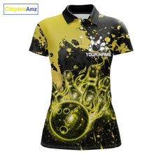 Load image into Gallery viewer, Black and Yellow Splatter Galaxy women's bowling polo shirt custom bowling team uniform, tournament bowling jersey
