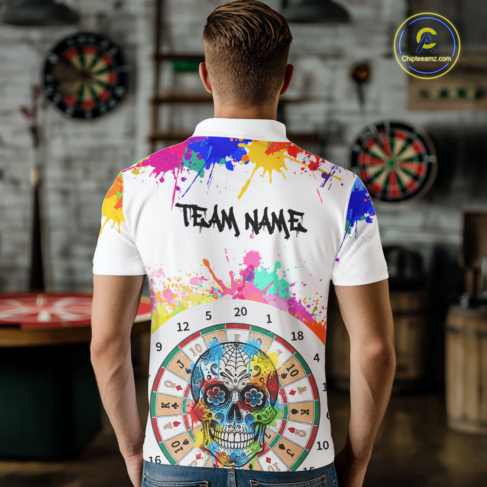Custom Colorful Splatter Skull Dartboard Men Darts Polo Team Shirts Dart Jerseys | White NYN2211
