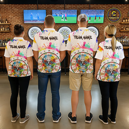Custom Colorful Splatter Skull Dartboard Women Darts Quarter-Zip Team Shirts Dart Jerseys | White NYN2211