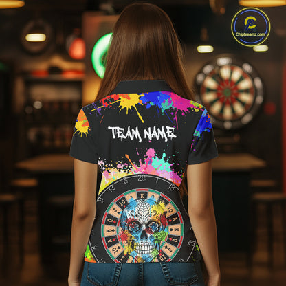 Custom Colorful Splatter Skull Dartboard Women Darts Polo Team Shirts Dart Jerseys | Black NYN2212