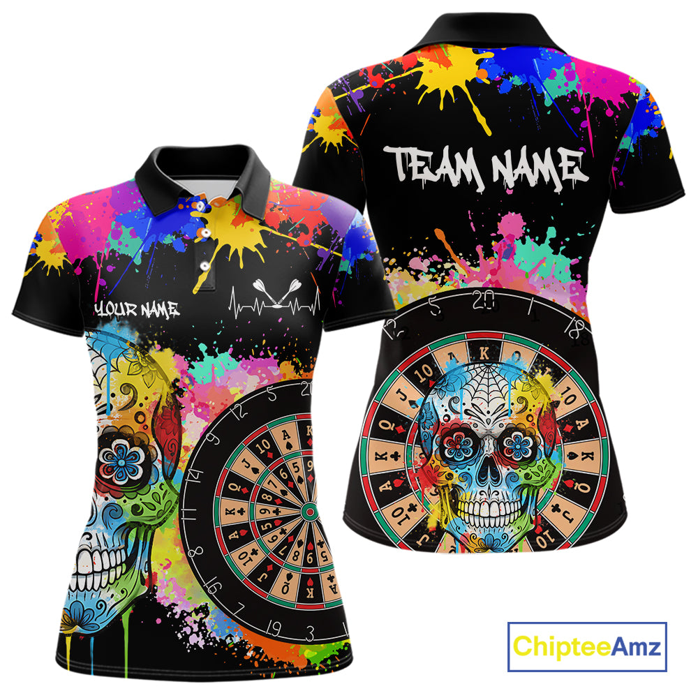 Custom Colorful Splatter Skull Dartboard Women Darts Polo Team Shirts Dart Jerseys | Black NYN2212