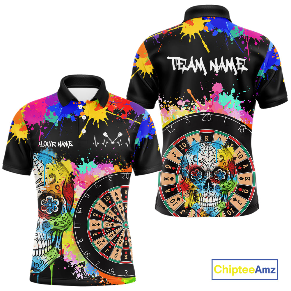 Custom Colorful Splatter Skull Dartboard Men Darts Polo Team Shirts Dart Jerseys | Black NYN2212