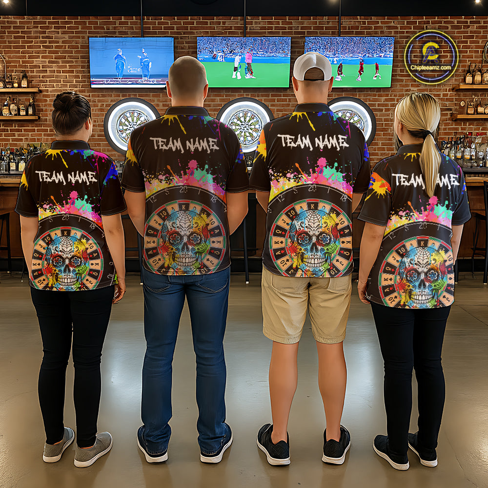 Custom Colorful Splatter Skull Dartboard Women Darts Quarter-Zip Team Shirts Dart Jerseys | Black NYN2212