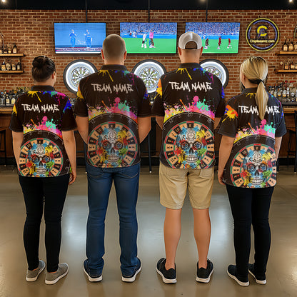 Custom Colorful Splatter Skull Dartboard Women Darts Quarter-Zip Team Shirts Dart Jerseys | Black NYN2212