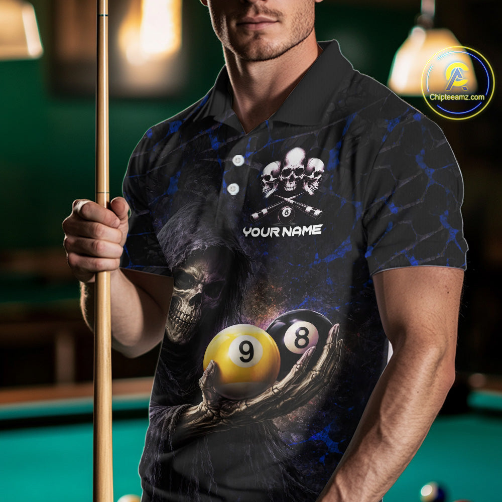 Blue Grunge Grim Reaper Hold 8 Ball & 9 Ball Pool Men Billiard Shirt Custom Billiard Team Attire NYN2703