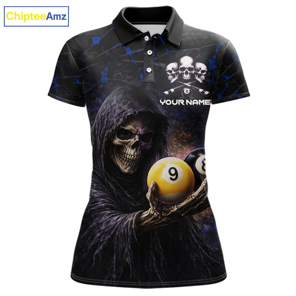 Blue Grunge Grim Reaper Hold 8 Ball & 9 Ball Pool Women Billiard Shirt Custom Billiard Team Attire NYN2703