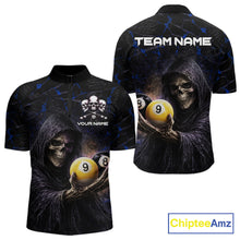 Load image into Gallery viewer, Blue Grunge Grim Reaper Hold 8 Ball &amp; 9 Ball Pool Men Billiard Shirt Custom Billiard Team Attire NYN2703