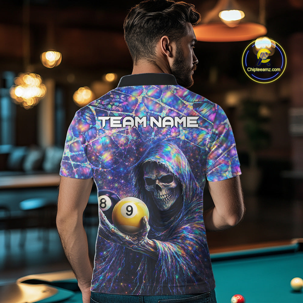 Holographic Grunge Grim Reaper Hold 8 Ball 9 Ball Pool Men Billiard Shirt Custom Billiard Team Attire NYN2704