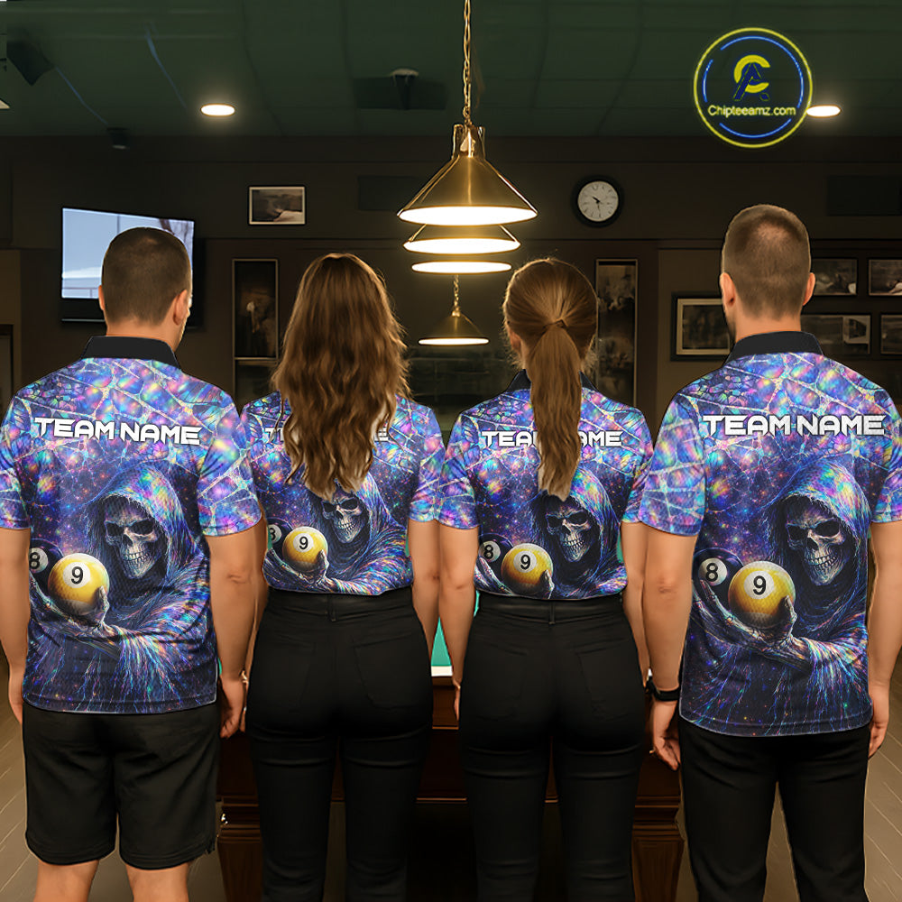 Holographic Grunge Grim Reaper Hold 8 Ball 9 Ball Pool Women Billiard Shirt Custom Billiard Team Attire NYN2704