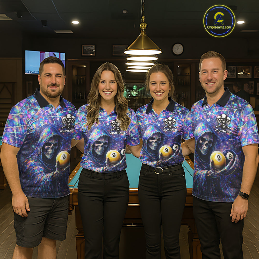 Holographic Grunge Grim Reaper Hold 8 Ball 9 Ball Pool Women Billiard Shirt Custom Billiard Team Attire NYN2704