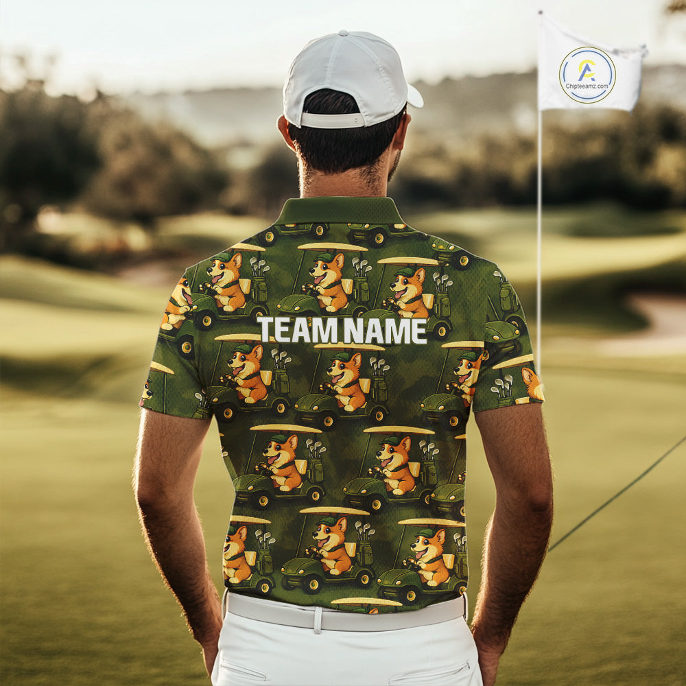 Funny Mens Golf Polo Shirt Custom Brown And Green Golfing Dog Pattern Golf Clothing Shirts NYN2872