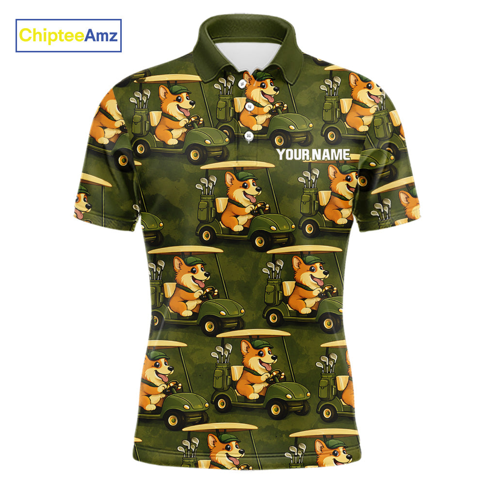 Funny Mens Golf Polo Shirt Custom Brown And Green Golfing Dog Pattern Golf Clothing Shirts NYN2872