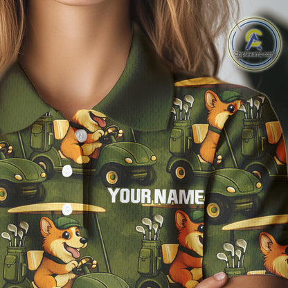 Funny Women Golf Polo Shirt Custom Brown And Green Golfing Dog Pattern Golf Clothing Shirts NYN2872