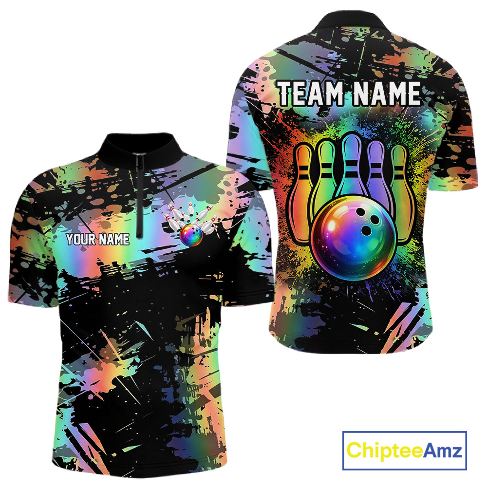 Custom Rainbow Holographic Splatter Bowling Shirts For Men, Colorful Bowling Pin And Ball Jersey NYN3072