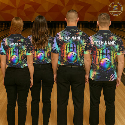 Custom Rainbow Holographic Splatter Bowling Shirts For Men, Colorful Bowling Pin And Ball Jersey NYN3072