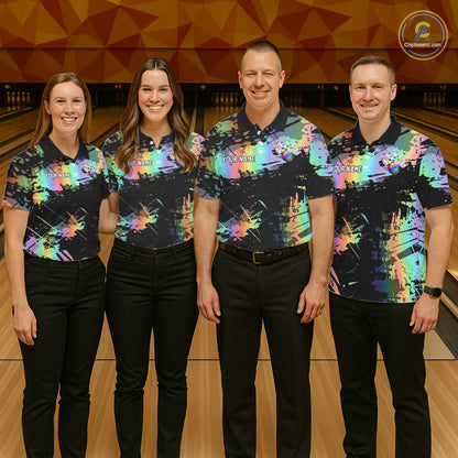 Custom Rainbow Holographic Splatter Bowling Shirts For Men, Colorful Bowling Pin And Ball Jersey NYN3072
