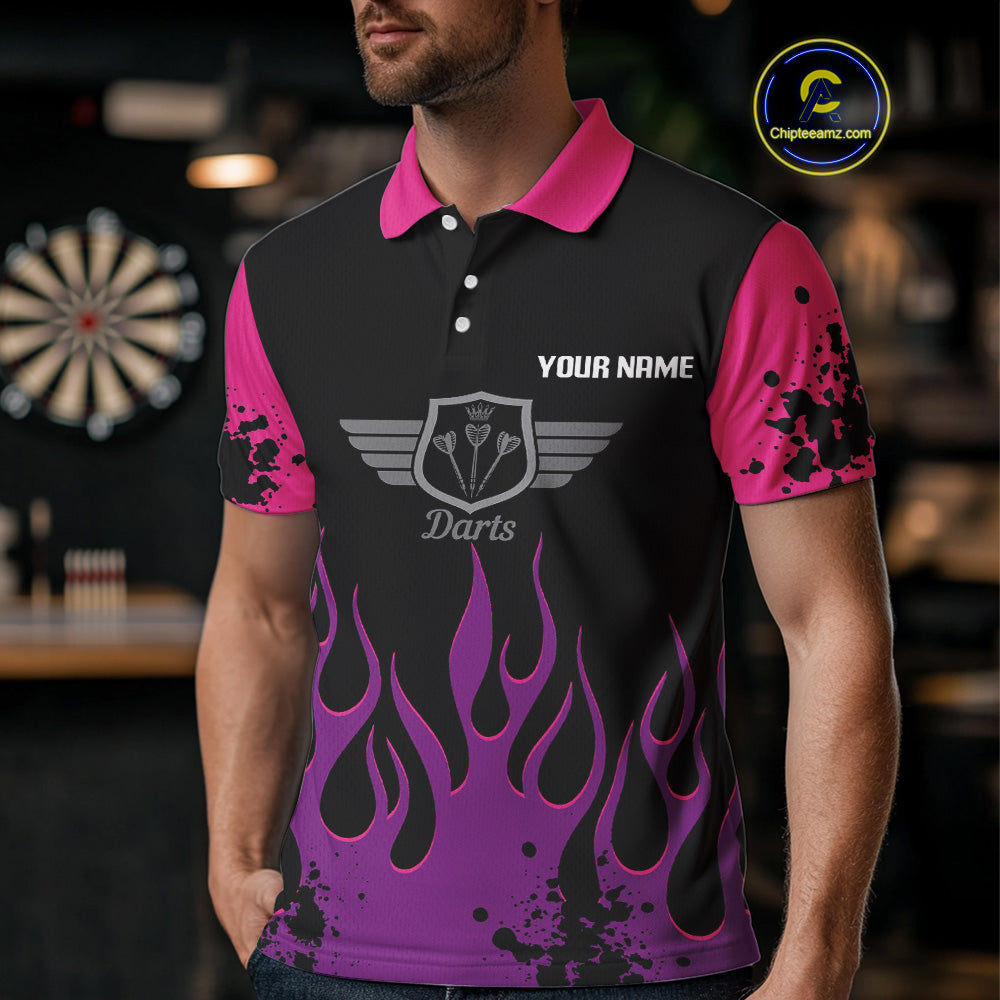 Purple Flaming & Wings Dart Arrow Men's Pink Darts Shirt - Custom Name For Players NYN0565
