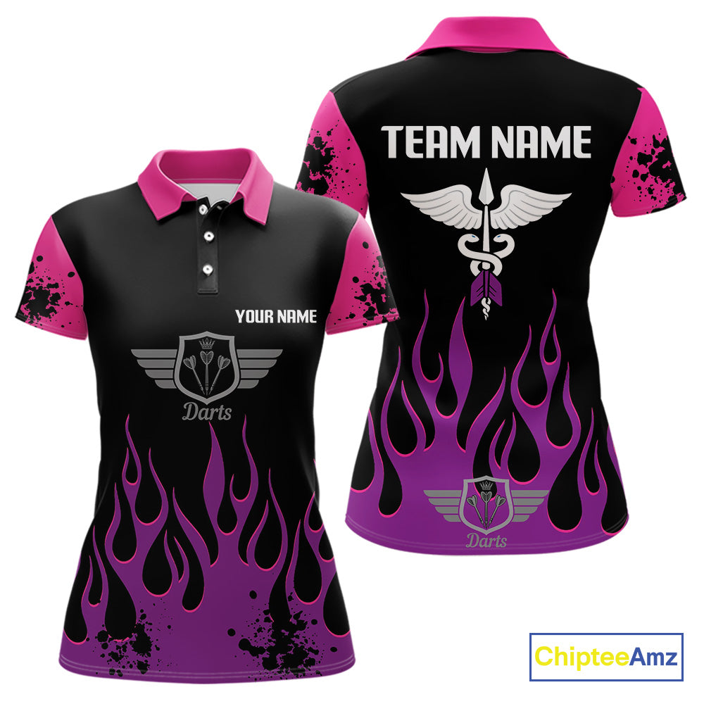Purple Flaming & Wings Dart Arrow Women's Pink Darts Shirt - Custom Name For Players NYN0565