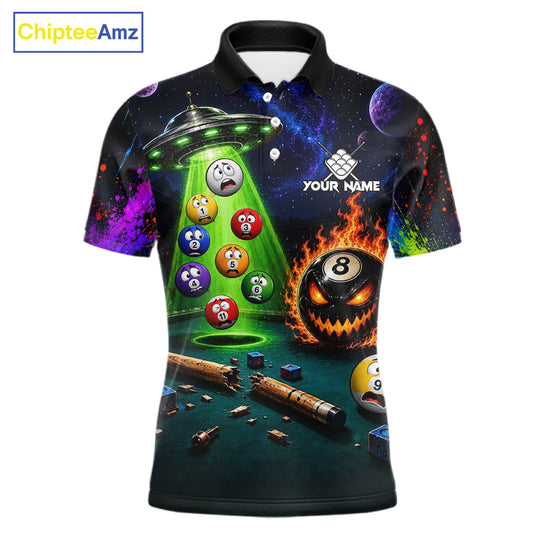 Galaxy UFO Alien Billiard Polo with personalized player name, cosmic artwork, UFO graphics, custom tournament jersey, gaming culture apparel, cue sports performance clothing