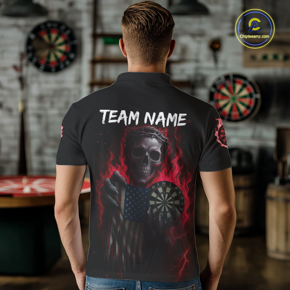 Custom Red Flames Skeleton USA Flag Dart Men Polo Jerseys Patriotic Dart Team Shirt NYN1699