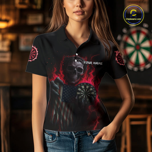 Custom Red Flames Skeleton USA Flag Dart Women Polo Jerseys Patriotic Dart Team Shirt NYN1699