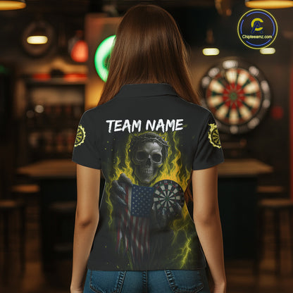 Custom Yellow Flames Skeleton USA Flag Dart Women Polo Jerseys Patriotic Dart Team Shirt NYN1700