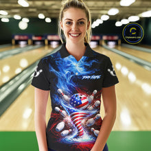 Load image into Gallery viewer, Personalized Fire Flame American Flag Tornado Bowling Team Shirts For Women Patriotic Bowling Gifts NYN2723