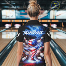 Load image into Gallery viewer, Personalized Fire Flame American Flag Tornado Bowling Team Shirts For Women Patriotic Bowling Gifts NYN2723