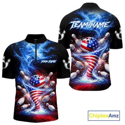 Personalized Fire Flame American Flag Tornado Bowling Team Shirts For Men Patriotic Bowling Gifts NYN2723