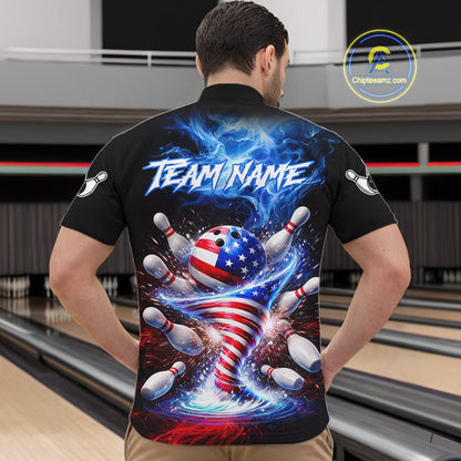 Personalized Fire Flame American Flag Tornado Bowling Team Shirts For Men Patriotic Bowling Gifts NYN2723