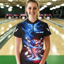Load image into Gallery viewer, Personalized Fire Flame American Flag Tornado Bowling Team Shirts For Women Patriotic Bowling Gifts NYN2723