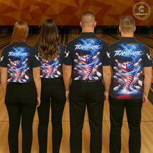 Load image into Gallery viewer, Personalized Fire Flame American Flag Tornado Bowling Team Shirts For Women Patriotic Bowling Gifts NYN2723