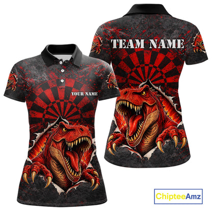 Custom Red Grunge Dart Polo & Quarter Zip Shirt For Women Dinosaur Funny Darts Team Jersey NYN2868