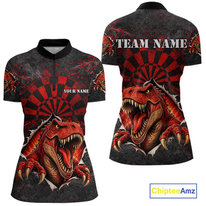 Custom Red Grunge Dart Polo & Quarter Zip Shirt For Women Dinosaur Funny Darts Team Jersey NYN2868