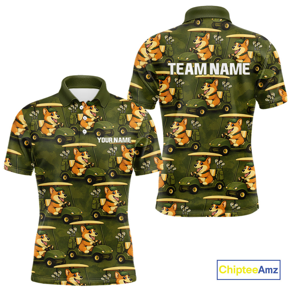 Funny Mens Golf Polo Shirt Custom Brown And Green Golfing Dog Pattern Golf Clothing Shirts NYN2872
