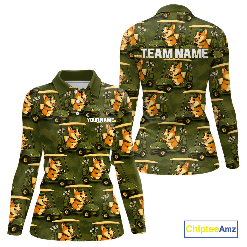 Funny Women Golf Polo Shirt Custom Brown And Green Golfing Dog Pattern Golf Clothing Shirts NYN2872