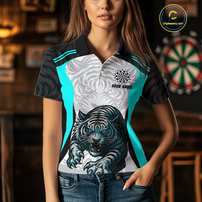 Women’s Darts Team Shirt Turquoise Tiger And Dartboard With Name Option NYN0307