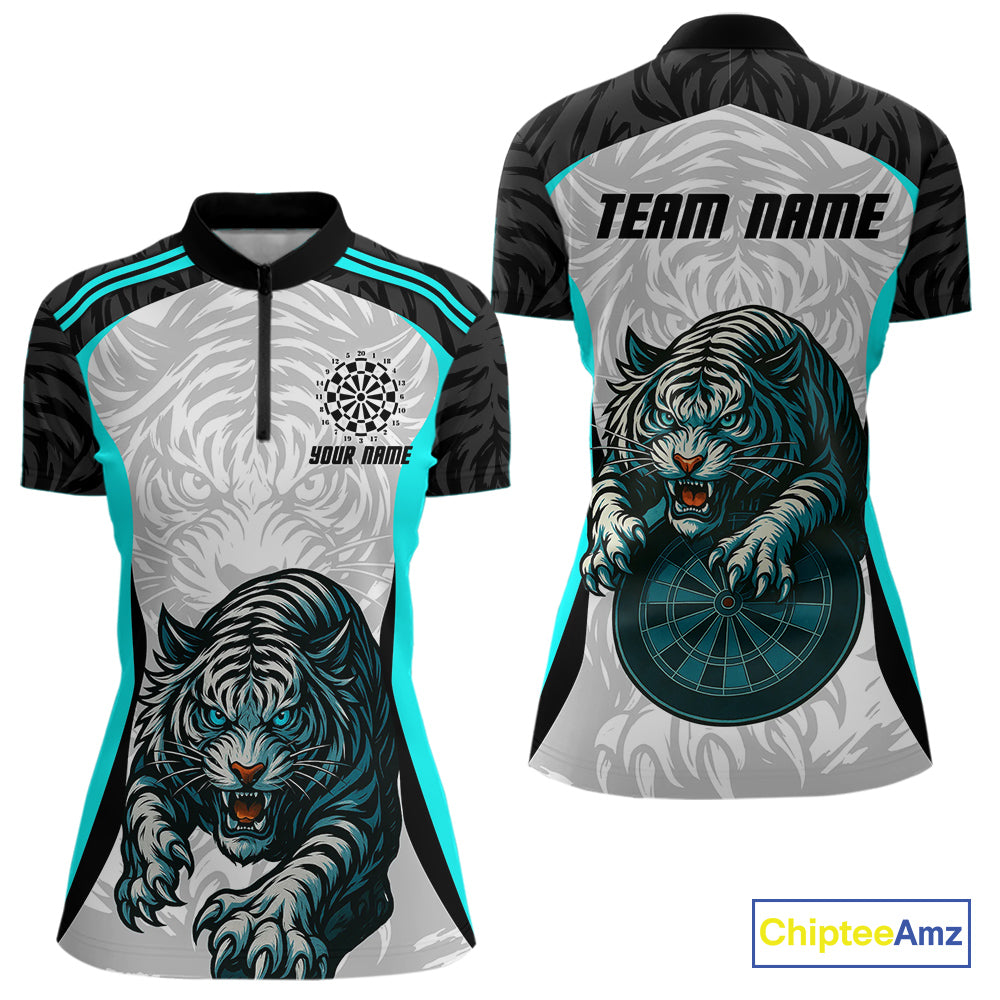 Women’s Darts Team Shirt Turquoise Tiger And Dartboard With Name Option NYN0307