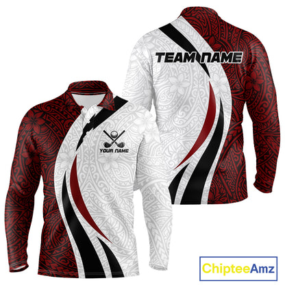 Tribal Pattern Men's Golf Polo Shirt mockup in black red white colors, personalized golf shirt, custom golf team jersey, moisture-wicking polo, golf tournament apparel, tribal geometric golf clothing.