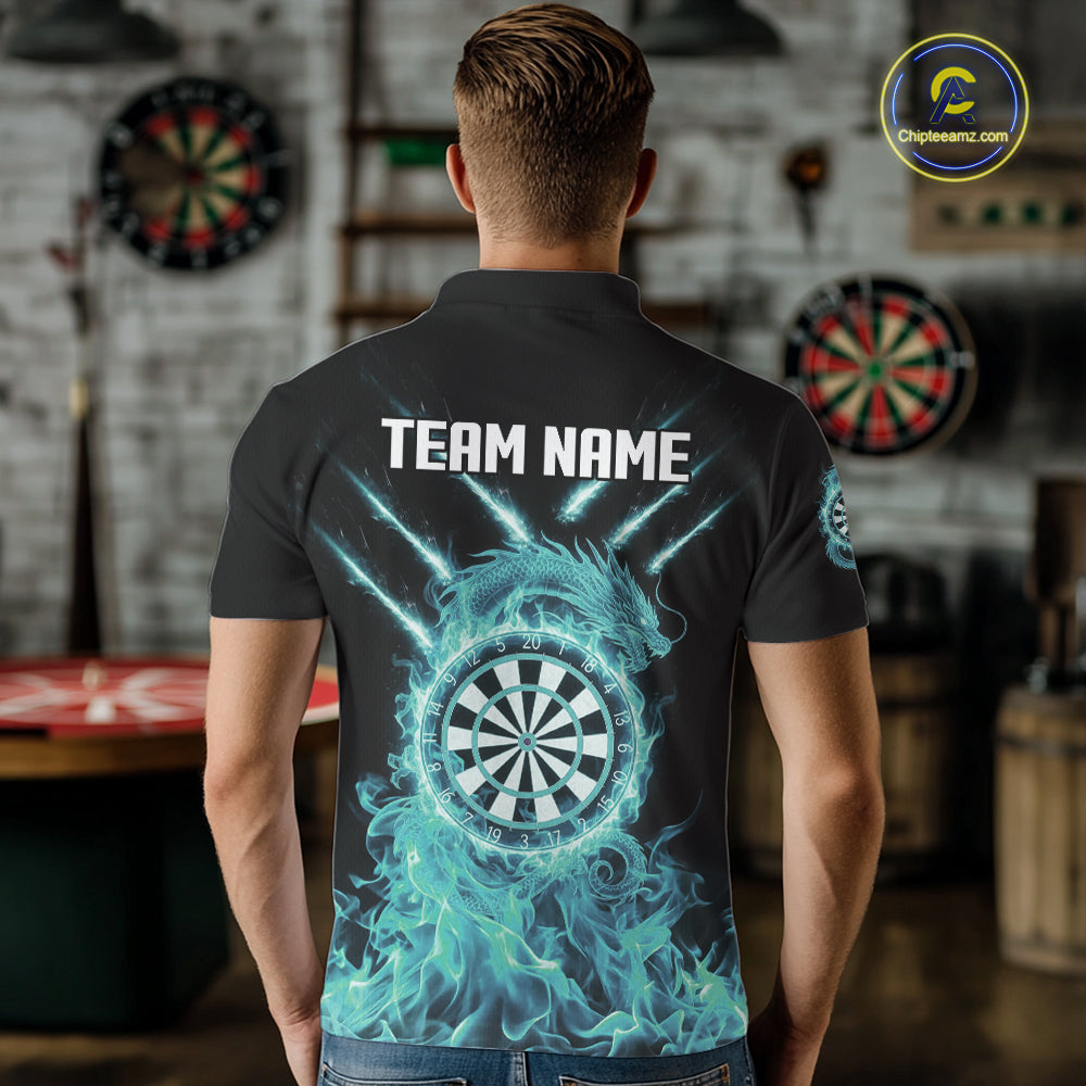Custom Lightning Dragon Turquoise Flames Dartboard Dart Men Polo Jerseys Dart Team Shirt NYN1705