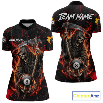 Fire Flame 8 Ball Pool Women Billiard Shirt Custom Red Grunge Grim Reaper Billiard Jersey For Pooler NYN3087